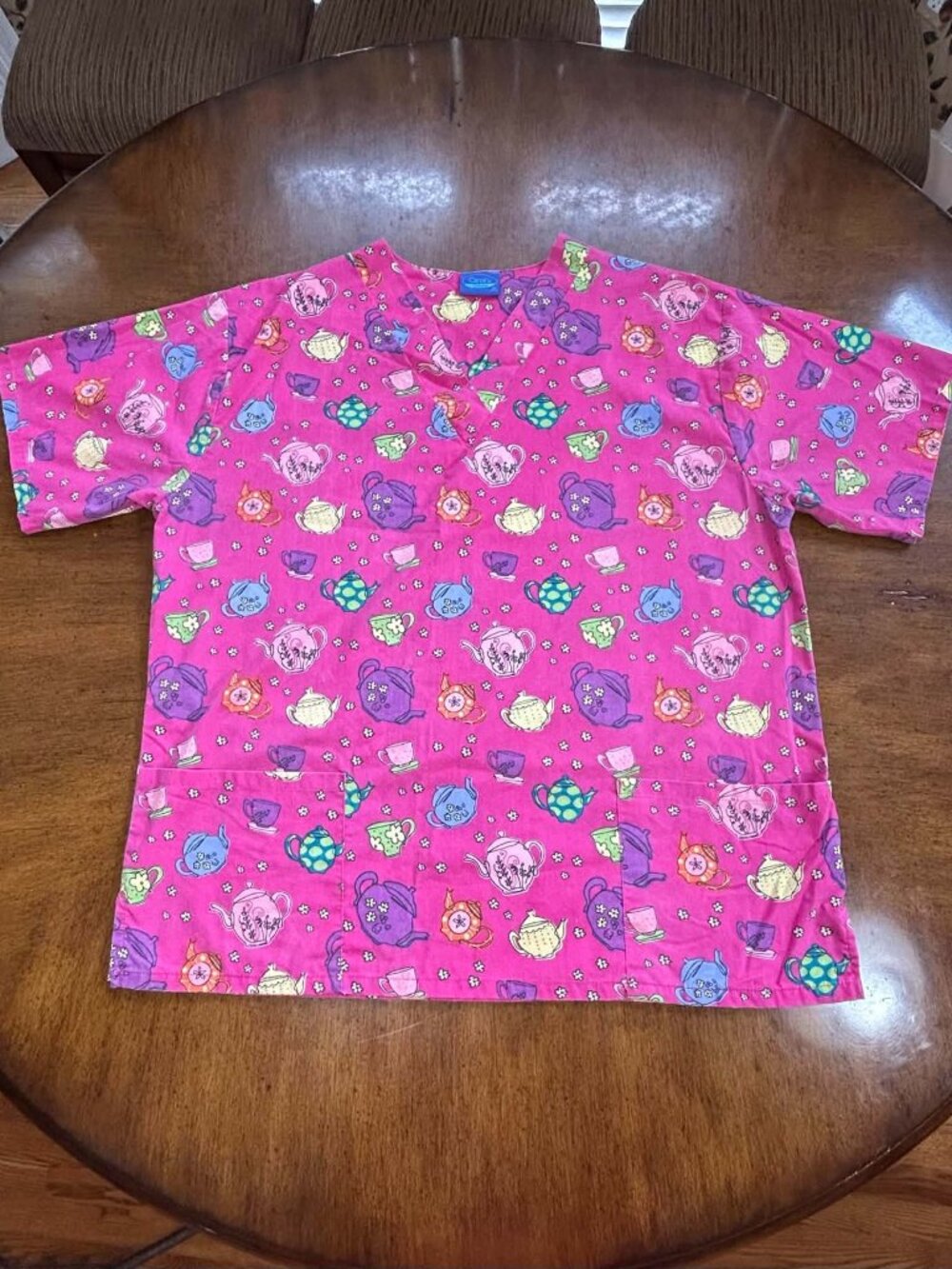 Vintage Magenta Teapots & Teacups Medical Scrub Top 2X